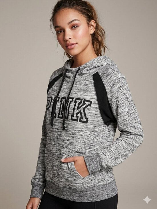 PINK Victoria's Secret Tops - PINK Victoria’s Secret Gray & Black Hoodie Sweatshirt Black Logo Size Medium